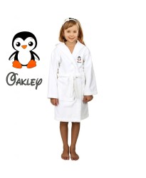 Cute Penguin Cartoon Design & Custom Name Embroidery on Kids Hooded Bathrobe